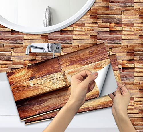 A.Monamour Selbstklebend PVC Klebefliesen Fliesenaufkleber 3D Fliesen Holzoptik Wasserdicht Wand Folie Deko Fliesenfolie Klebefolie Fliesensticker Treppe Aufkleber für Küche Bad Backsplash 15cmx30cm