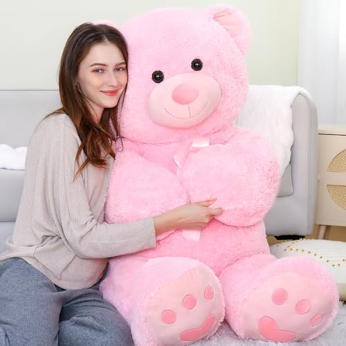 MorisMos Rosa Teddybär groß, 1.2m Riesen Teddy Kuscheltier XXL, Flauschiger Teddy Bär Stofftier Plüschtier, Plüschbär mit Fußspur, Freundin, Mädchen