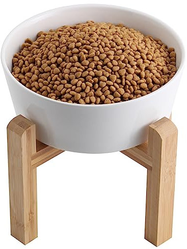 Addogyy White Elevated/Raised Dog Bowl Ceramic with Wood Stand for Medium Large Breed,Dog Food Water Dish Heavy Wighted, Non Slip Modern Cute Porcelain Pet Bowl Extra Large Wide Mouth