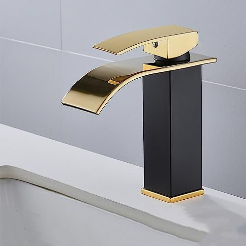 Robinet Cascade Lavabo Bec Plat Mitigeur De Lavabo De Salle De Bain Chaud Et Froid Mitigeur Monocommande En Acier Inoxydable,or Noir