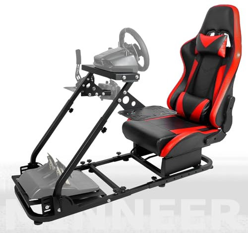 Minneer Flight Racing Simulator Cockpit with Red Seat,Fit for Logitech Thrustmaster joysticks or Yoke G920 G923 T80 T150,Sim Game Stand With 2 Shift Rod Fittings Not Include Wheel Pedal