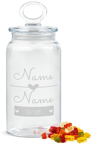 PR Print Royal Personalisierte Keksdose aus Glas mit Gravur - 1100 ml - 365 Gründe warum ich dich Liebe mit Name, Geschenk für Frauen zum Jahrestag | Personalisiertes Geschenk Ideen Geburtstag