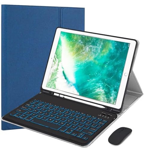 VLEAQC Keyboard Case and Mouse for iPad Pro 12.9 inch 2017/2015 (2nd & 1st Generation), Detachable Wireless Keyboard with 7 Colors Backlit, Lightweight Protective Case with Pencil Holder,Blue