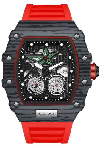 RORIOS Armbanduhr, modisch, Fass, für Herren, Armbanduhr, Punk, Hollow, Analog, Quarz, leuchtende Uhr, Kalender, Armband aus Silikon, rot, L, Riemen