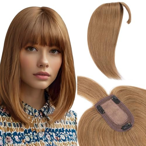 Elailite Hair Topper Echthaar, Toupet Damen mit langem Pony, Clip in Haarteil, Haartopper Basis 7x13cm, 40cm #6 Hellbraun
