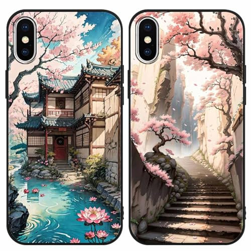 2 Stück Handyhülle für Apple iPhone X/XS Hülle 5.8 Zoll, Anime Japanische Kirschblüten Manga Anime künstlerische Ästhetik mit Motiv Designs Case Schutzhülle Stoßfest TPU Weich Ultra Dünn Cover -05