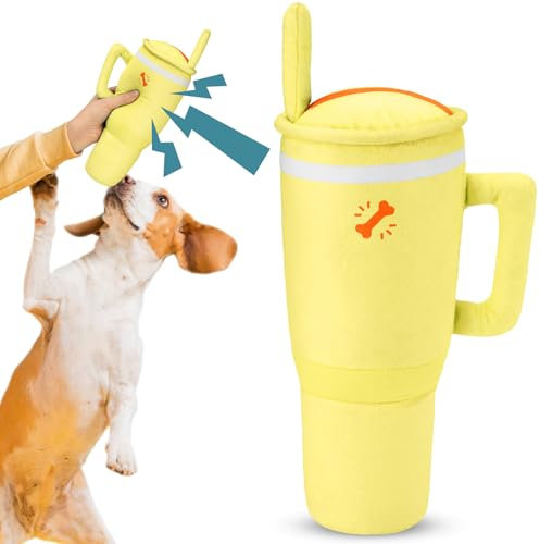 ZooZoo Tumbler Cup Squeaky Interactive Dog Chew Toy, Durable Pet Plaything with Unique Cup and Handle Design, Chew-Resistant Material with Stimulating Sound, Long-Lasting Fun for Active Dogs (Yellow)