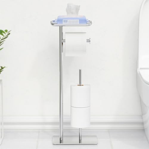 Toilet Roll Holder Free-Standing with Top Shelf, Holds 4 Rolls, Stainless Steel Bathroom Toilet Paper Dispenser