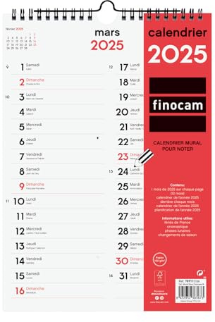 Finocam Wandkalender, neutral, zum Schreiben von zwei Spalten 2025, 1 Monat pro Seite, Januar 2025 – Dezember 2025 (12 Monate) Französisch