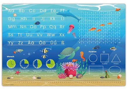 Schreibtischunterlage für Kinder – Lernunterlage zur Einschulung in Unterwasserwelt Optik ABC, 1x1, Uhrzeiten – 60 x 40 cm – aus abwischbarem Vinyl - Made in Germany (Unterwasserwelt-Optik)