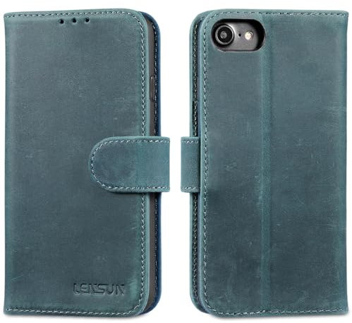 LENSUN Echtleder Hülle für iPhone SE2020, SE 2022 5G Handyhülle [Echtes Leder][Klappbar] [Kartenfach] Handytasche Lederhülle für iPhone 7/iPhone 8- Retro Blau