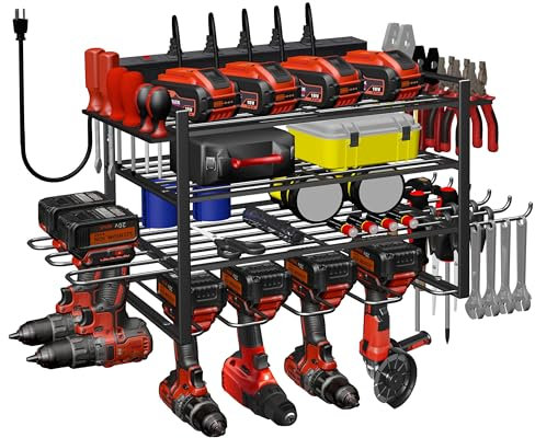 Spaclear Power Tool Organizer Wall Mount with Charging Station Garage Tools and Battery Storage Rack 4 Layer 6 Drill Holder Utility Rack Tool Shelf with Screwdriver Plier Hammer Holder Gift for Men