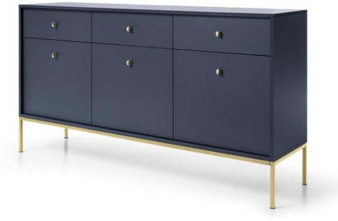 Emporius Zweitürige Sideboard 150 cm Monti - Kommode mit Schubladen - Gold Griffen, Hohe Füße - Dunkelblau + Gold