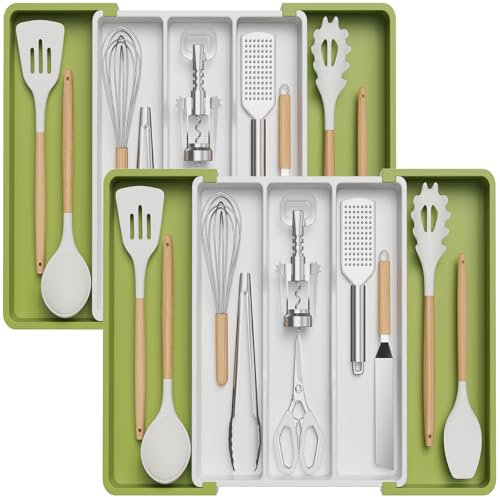 Lifewit Lot de 2 range-couverts pour tiroirs - Grand support à ustensiles extensible jusqu'à 57 cm - Porte-ustensiles de cuisine - Profondeur : 38 cm - En plastique - Porte-couverts - Organisateur de