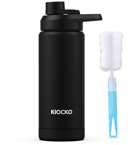 Kiocko botella agua acero inoxidable,1 litro, 800 ml, 600 ml, sin BPA, a prueba de fugas, botella agua gimnasio térmica para escuela, deportes, ciclismo, gimnasio, niños y niñas(Negro)