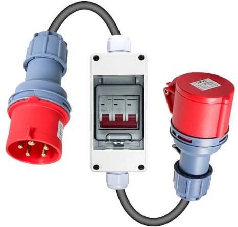 CEE-Adapter, 32 A auf 16 A, Hochstromadapter, 32 A Stecker auf 16 A Kupplungsstecker mit Schutzschalter + 1 m 5-adriges 5 x 2,5 mm²-Kabel, für Wohnmobil- und Yacht-Ladeumwandlung