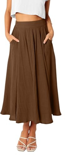 REORIA Damen Maxi Faltenrock Hohe Taille A-Linien Rock Midiröcke Eleganter Langer Rock mit elastischem Bund und Taschen Kaffee M