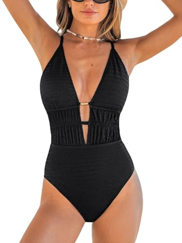 CUPSHE Damen Badeanzug Tiefer V Ausschnitt Strappy Tiefer Rückenausschnitt Schnürung Texturierte Einteilige Bademode Swimsuit Schwarz M
