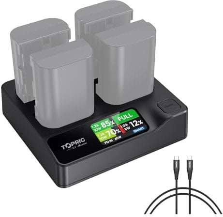 Toprig LP-E6 4-channel camera battery charger PD60W fast charger with LCD display, compatible with Canon LP-E6 LP-E6N LP-E6NH, EOS 5D Mark II III IV, 70D, 5Ds, 6D, 5DsR, 80D, 7D, 7D Mark II, EOS 60D