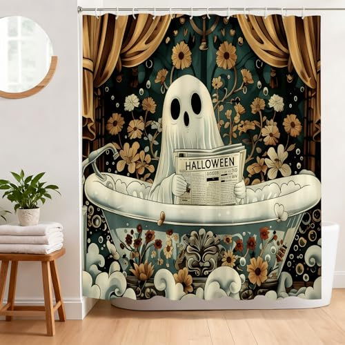 BREASOME Rideau de Douche Anti Moisissure 180 x 180 cm Rideau Douche Fantôme d'halloween Tissu Polyester Imperméable Lavable Rideau Baignoire avec 12 Crochets