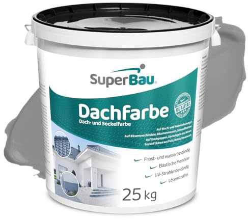 SuperBau Dachfarbe Grau 25 kg (≈62,5m²) Wasserdicht, Sockelfarbe, Fassadenfarbe für Außen, Dachbeschichtung für Blechdach, Bitumen, Dachpappe, Schindeln, Putz