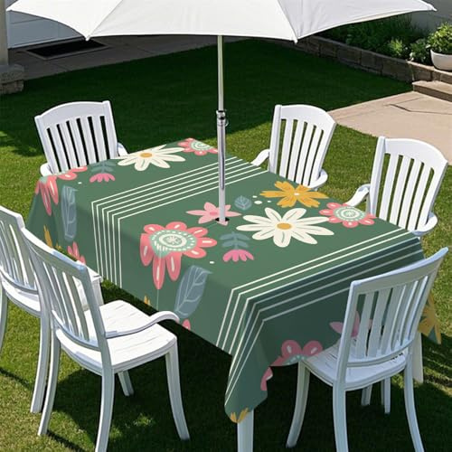 Chickwin Outdoor Wasserdicht Tischdecke Rechteckig mit Schirmloch und Reißverschluss, 3D Niedlich Blumen Tischdecke Abwaschbar Gartentischdecke für Terrasse, Party, BBQ (Dunkelgrün 2,210x150cm)
