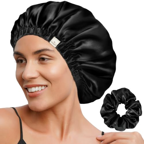 YANIBEST Cappa di seta a doppio strato per dormire, cappuccio regolabile per donne con capelli naturali ricci