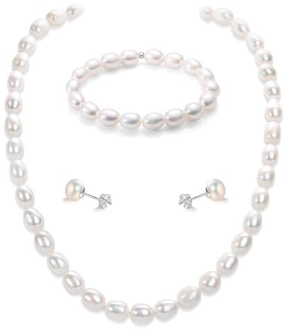 YAMI Perlenkettenset, Weiß Perlenschmuckset, Perlenohrringe, Perlenkette Damen, Perlenarmband 6–7 mm, 925er Sterlingsilber, Damenschmuck für Jeden Anlass