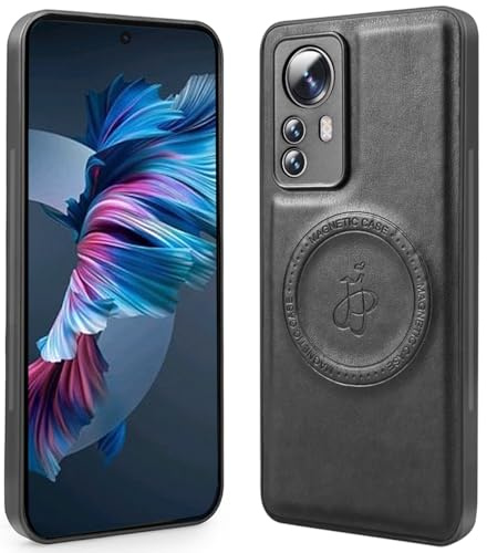 YSONCHAN Magnet-Hülle für Xiaomi 12 Pro, Starke Magnetic Handyhülle mit 2300 Gauss, mit kabelloses Magnet Laden, Stoßfeste Leder Schutz. Schwarz