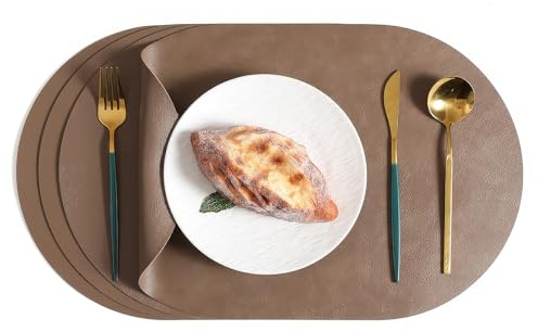 Komforbaa Oval Kunstleder Japanisch Stil Platzsets Set 4, Platzdeckchen Doppelseitigen Hitzebeständig Wasserdicht für Tischdeko Küche, Tischsets Abwaschbar rutschfest 45x30cm Braun