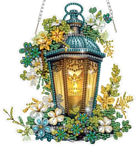 HEIBAGO Hängend Diamond Painting Für Erwachsene, 5D DIY Lampe Besonders Geformt Diamond Painting Anhänger Ornament, Blumen Kristall Strasssteine Diamant Painting Fensterbilder für Wanddekor