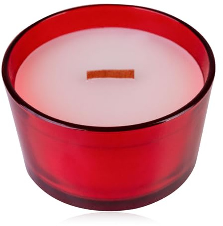 Accentra Duftkerze in rundem Glas mit Holzdocht, 440g, Farbe: rot, Duft: Apfel-Zimt, dekorative Kerze Weihnachten, Geschenk für Frauen und Männer