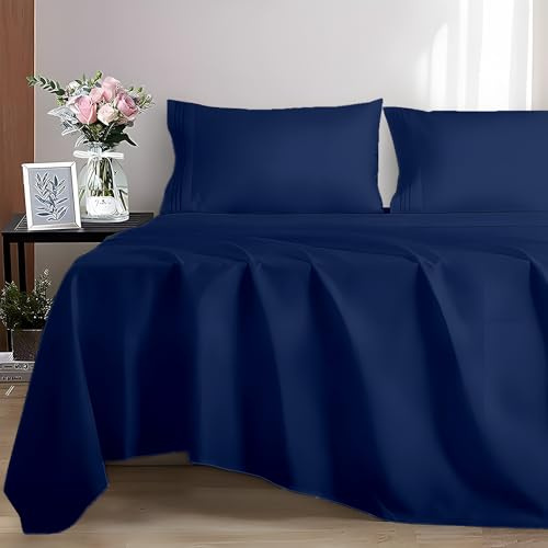 EverSoft Bedding 100% Egyptian cotton Flat Sheet, 400 Thread Count Ultra-Soft Long Staple Top Bed Sheet, Luxury Hotel Quality (Navy-Blue, King)