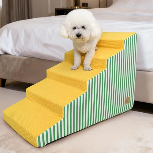 BingoPaw Haustiertreppe Hundetreppe 5 Stufen: Hundetreppe 54 cm Hoch Hunderampe für Bett und Sofa, Boxspringbett, rutschfest Waschbar Treppe für kleine mittelgroße Hunde/Katzen, Gelb, 81x40x54cm