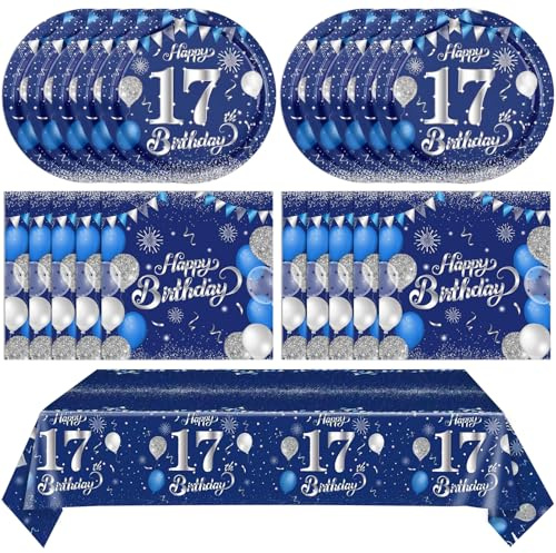41 PCS 17th Birthday Decorations for Boys Girls Disposable Blue Sliver 17 Year Old Tableware Happy 17th Birthday Dessert Plates Napkins Tablecloth Set for 17 Year Old Teenage Boy Party Supplies