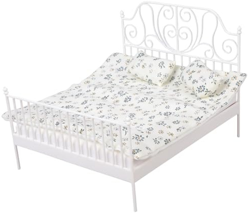 Elnwnnkc Puppenhaus Doppelbett Mit Abnehmbarer Bettwäsche Und Matratze Für Eine Miniaturszene Maßstab 1:12 Mit Zubehör. Puppenhaus Zubehör