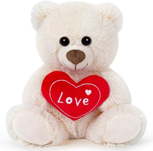 Yeqivo Kleines Teddybär Kuscheltier – Süßes Weiches Plüschtier Love mit Rotem Herz, Kinder Mädchen Freundin Geschenk, Weihnachten Valentinstag Geburtstag Babyparty (Love Weiß,1 Pcs)