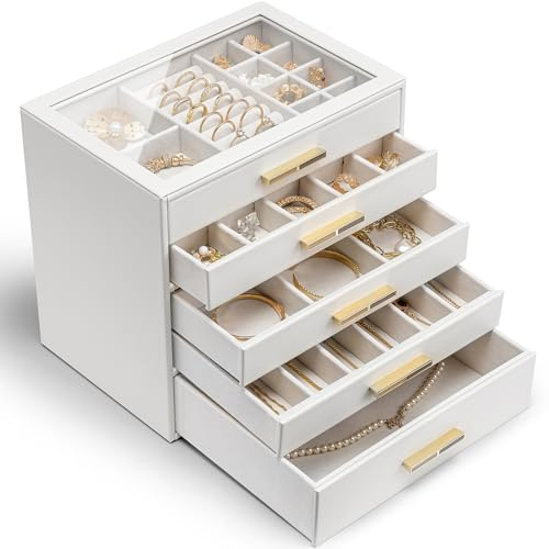 VLANDO Schmuckkästchen Groß,Schmuckaufbewahrung mit 5 Ebenen,PU leader | Schmuck Organizer für Halsketten, Ohrringe, Uhren, Armbänder，Wohndekoration, Geschenk für Damen,Weiß