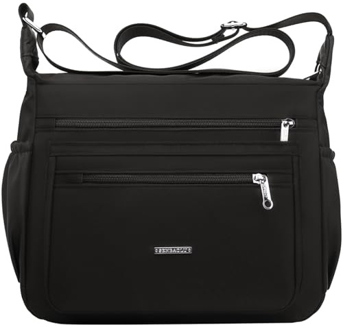 FAVORTALK Umhängetasche Damen Mittelgroß Crossbody Bag Damen mit Mehreren Taschen Wasserdicht Leichte Damen-Umhängetaschen Verstellbarer Breitem Freizeit für Einkaufen Reisen Schule B44103 Schwarz