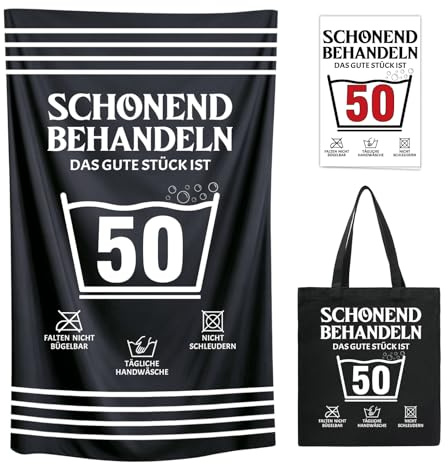 YSUVIN 50 Geburtstag Frau Mann, Schwarz Handtuch& Strandtuch(160x80cm) mit Baumwoll Shopper Tasche, Lustige Geschenk 50 Geburtstag für Frauen Mutter Gattin Schwestern Freunde Kolleginnen