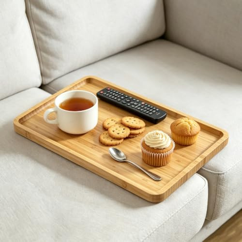 Wenceda Bamboo Sofa Tray Table, 38.1 x 25.9cm Folding Armchair Side Table, Portable Wooden Armrest Tray for Drinks, Snacks, Remote & Phone, Stable Space-Saving Sofa Desk for Sectionals
