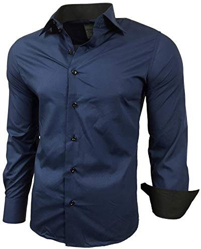 Baxboy Herren-Hemd Slim-Fit Bügelleicht Für Anzug, Business, Hochzeit, Freizeit - Langarm Hemden für Männer Langarmhemd R-44, Farbe:Marine, Größe:S