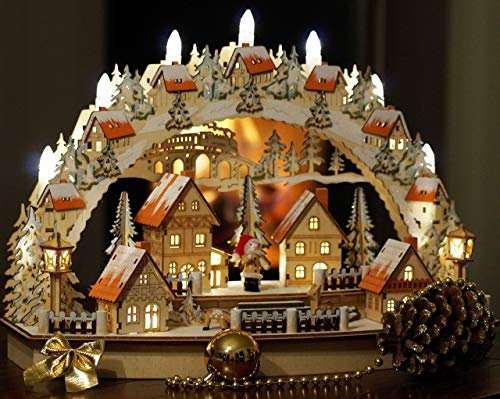 Wichtelstube-Kollektion XL Lichterbogen Weihnachten, Handbemalt, Detailreich, Batteriebetrieben mit Timer, Sparsam, LED Beleuchtung mit 3D-Effekt, Schwibbogen Weihnachten, Weihnachtsdeko Holz