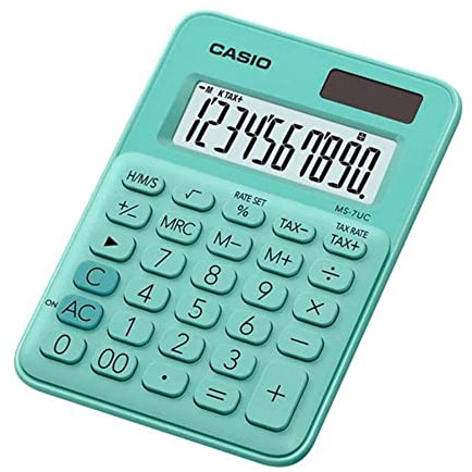 Casio Tischrechner MS-7UC, 10-stellig, in Trendfarben, Steuerberechnung, Vorzeichenwechsel, Solar-/Batteriebetrieb