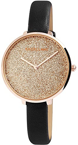 Excellanc Damen-Uhr Kunstleder Armband Dornschließe Glitzer Analog 1900203 (schwarz roségoldfarbig)