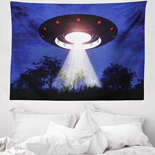 ABAKUHAUS UFO Wandteppich, Nachtszenerie mit Aliens Raumfahrt Science-Fiction-Thema Komposition Woodland, aus Weiches Mikrofaser Stoff Wand Dekoration Für Schlafzimmer, 150 x 110 cm, Multicolor
