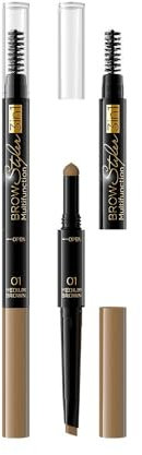 Eveline Cosmetics Brow Styler 3-in-1 Augenbrauenstift mit Schwamm und Bürste - Nr. 01 Mittelbraun | Kompaktes 3-Schritte-Augenbrauen-Styling-Set