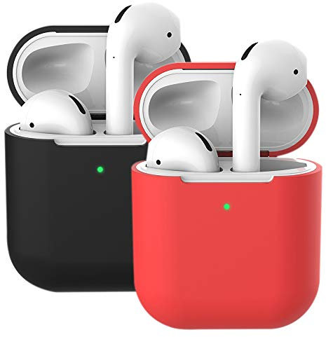 2X Funda Protectora para AirPods, Molylove Funda Silicona Compatible con AirPods 2 & 1- [LED Frontal Visible][Funciona con Carga inalámbrica] (AirPods 2, Negro+ Rojo)