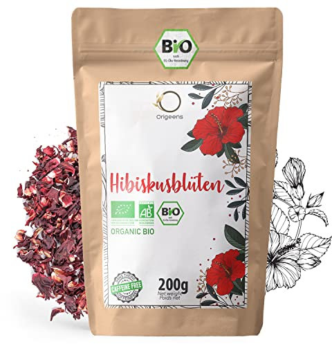 ORIGEENS HIBISKUSTEE BIO 200g Premiumqualität | Hibiskusblüten getrocknet für Tee, Früchtetee, Eistee, Karkade tee | Hibiskus Tee für Drainage Detox-Kur