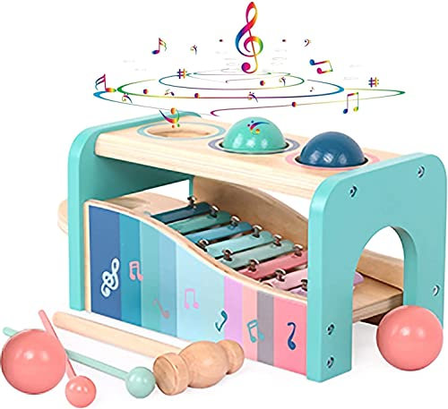 Pound A Ball Toy Wooden Pounding Bench Toy with Slide-Out Xylophone Wooden Hammer and Ball Toys Xylophone Set Mallet and Pegs Motor Skill Sensory Musical Activity Toys for Kids Toddler Boys Girls